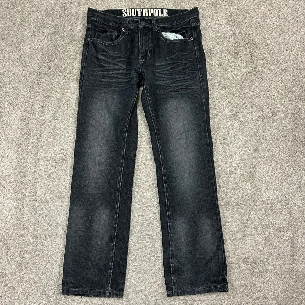 Southpole Jeans 30x30 Black Dark Wash Straight Leg Whiskered Denim Mens Y2K